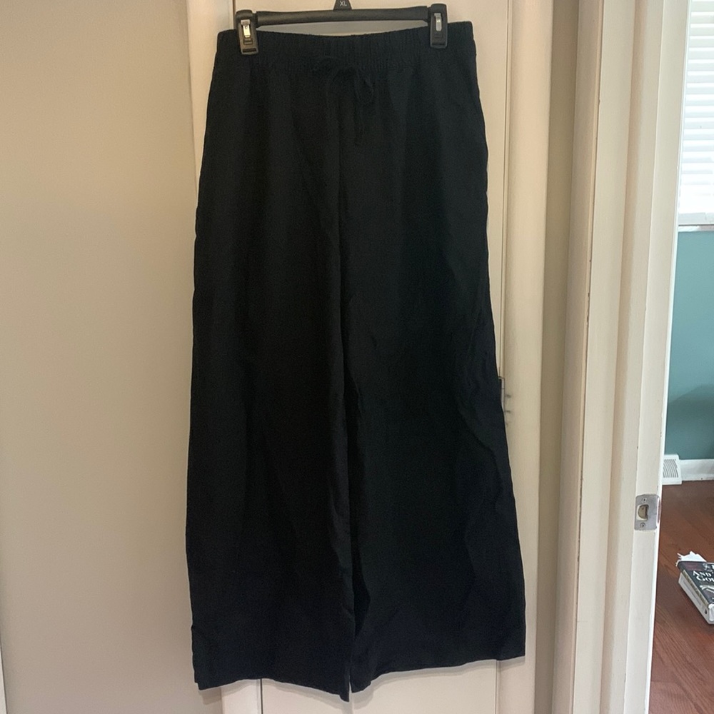 A New Day Black Drawstring Elastic Waist Wide Leg Linen Blend Pant Women's Sz M